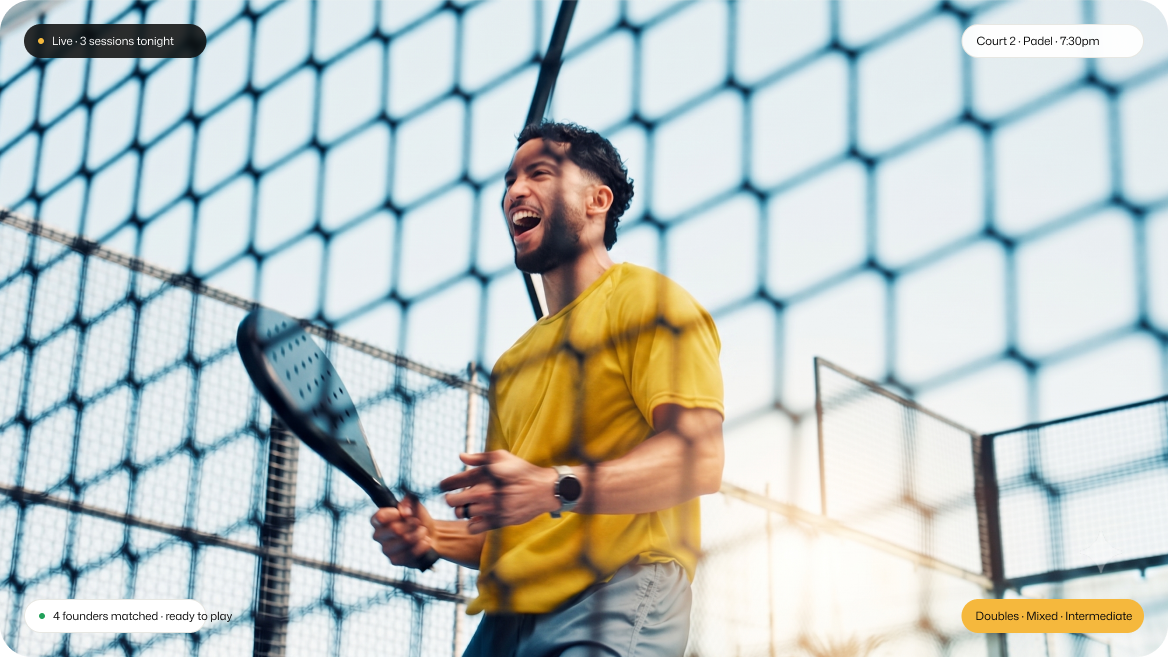 Founders mid-rally on a padel court